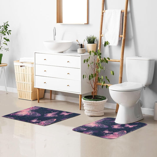 ALAZA Light-Pink Butterfly Starry U Shape Toilet Bath Mat for Bathroom Contour Rug Carpet, Fluffy & Absorbent Fluffy Absorbent & Machine Washable