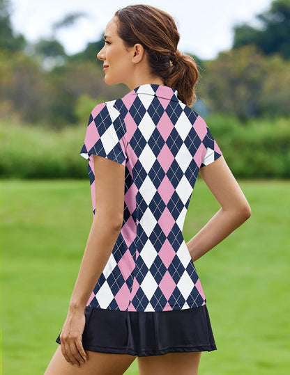 PINSPARK Womens Golf Shirt Short Sleeve Polo Shirts Quick Dry Tennis Tops V-Neck with Collar Pickleball Shirts Golf Outfits