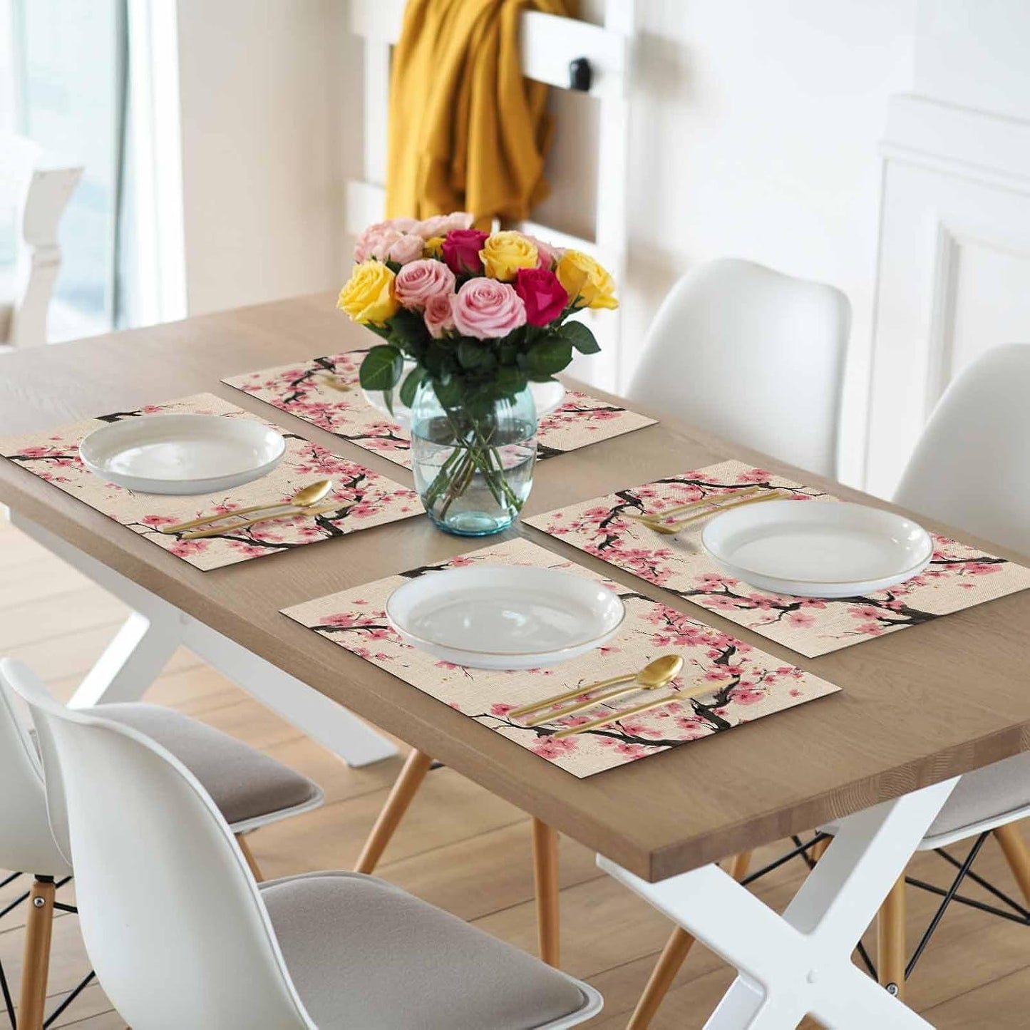 Spring Flowers Placemats Set of 4, Washable PVC Kitchen Table Mats Place Mats, Country Pink Peach Blossoms Botanical Floral Woven Vinyl Placemat for Dining Table, 13" x 19"
