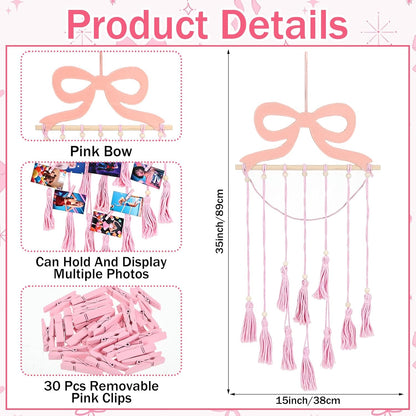Pink Bow Hanging Photo Display Wall Decor Coquette Photo Display with 30 Pink Clips Picture Frame Collage Holder for Bedroom Wedding Graduation Christmas Coquette Party and Teenage Gifts