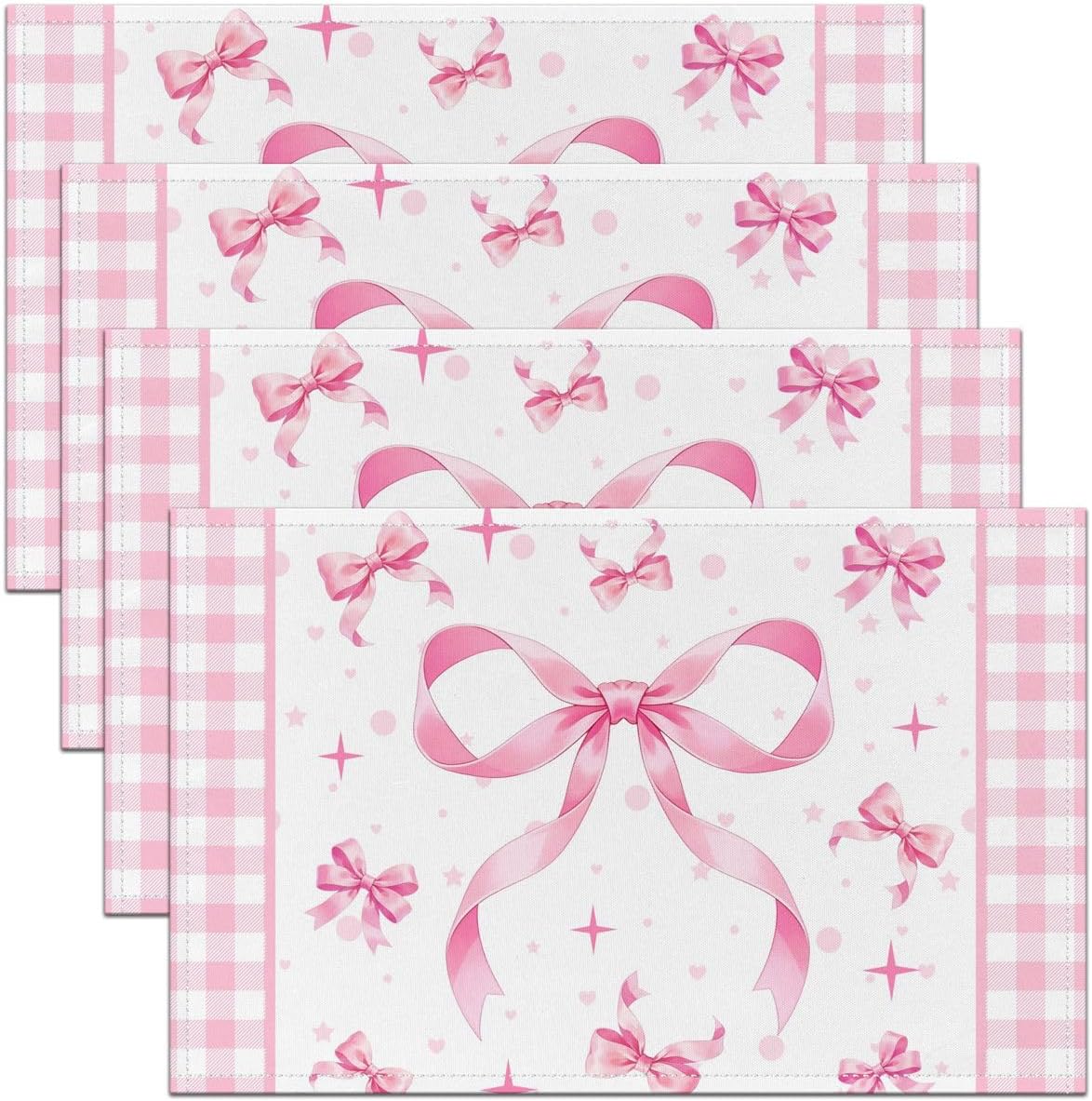 Feelyou Pink Bow Placemats Set of 4 12x18 Inch Plaid Table Mats for Party Kitchen Dining Decoration Holiday Seasonal Gird Bowknot Place Mat for Dinner Table Indoor Non-Slip Washable Coquette Decor