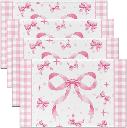 Feelyou Pink Bow Placemats Set of 4 12x18 Inch Plaid Table Mats for Party Kitchen Dining Decoration Holiday Seasonal Gird Bowknot Place Mat for Dinner Table Indoor Non-Slip Washable Coquette Decor