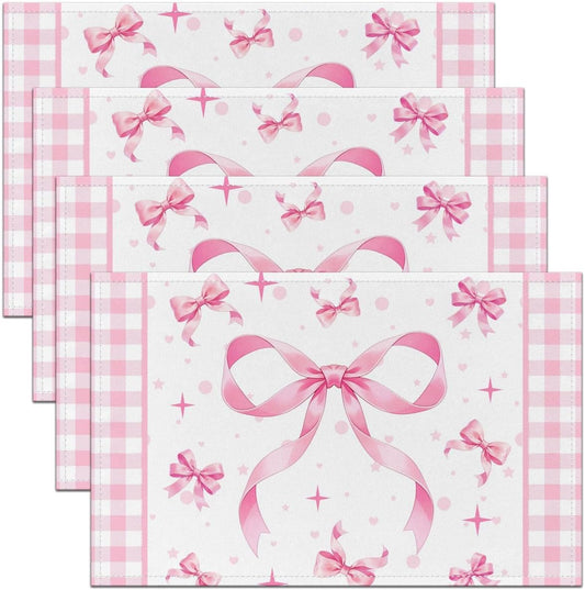 Feelyou Pink Bow Placemats Set of 4 12x18 Inch Plaid Table Mats for Party Kitchen Dining Decoration Holiday Seasonal Gird Bowknot Place Mat for Dinner Table Indoor Non-Slip Washable Coquette Decor