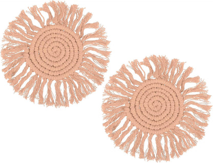 uxcell 2Pcs Boho Coasters, Round Handmade Woven Absorbent Coasters with Tassel Farmhouse Cup Mat Table Protection for Coffee Drink Mug Home Office Decor Housewarming Gift, Lotus Root Pink