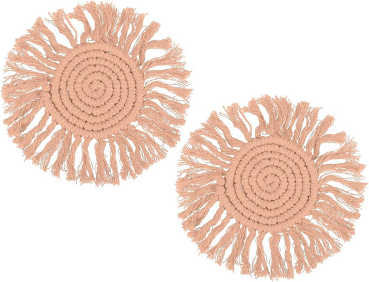 uxcell 2Pcs Boho Coasters, Round Handmade Woven Absorbent Coasters with Tassel Farmhouse Cup Mat Table Protection for Coffee Drink Mug Home Office Decor Housewarming Gift, Lotus Root Pink