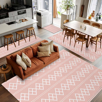 Peach Pink Checkered Area Rug 6x9, Abstract White Geometric Argyle Stripe Non Slip Area Rugs for Living Room, Soft Floor Mat Washable Low Pile Carpet for Bedroom, Dining Room, Entryway