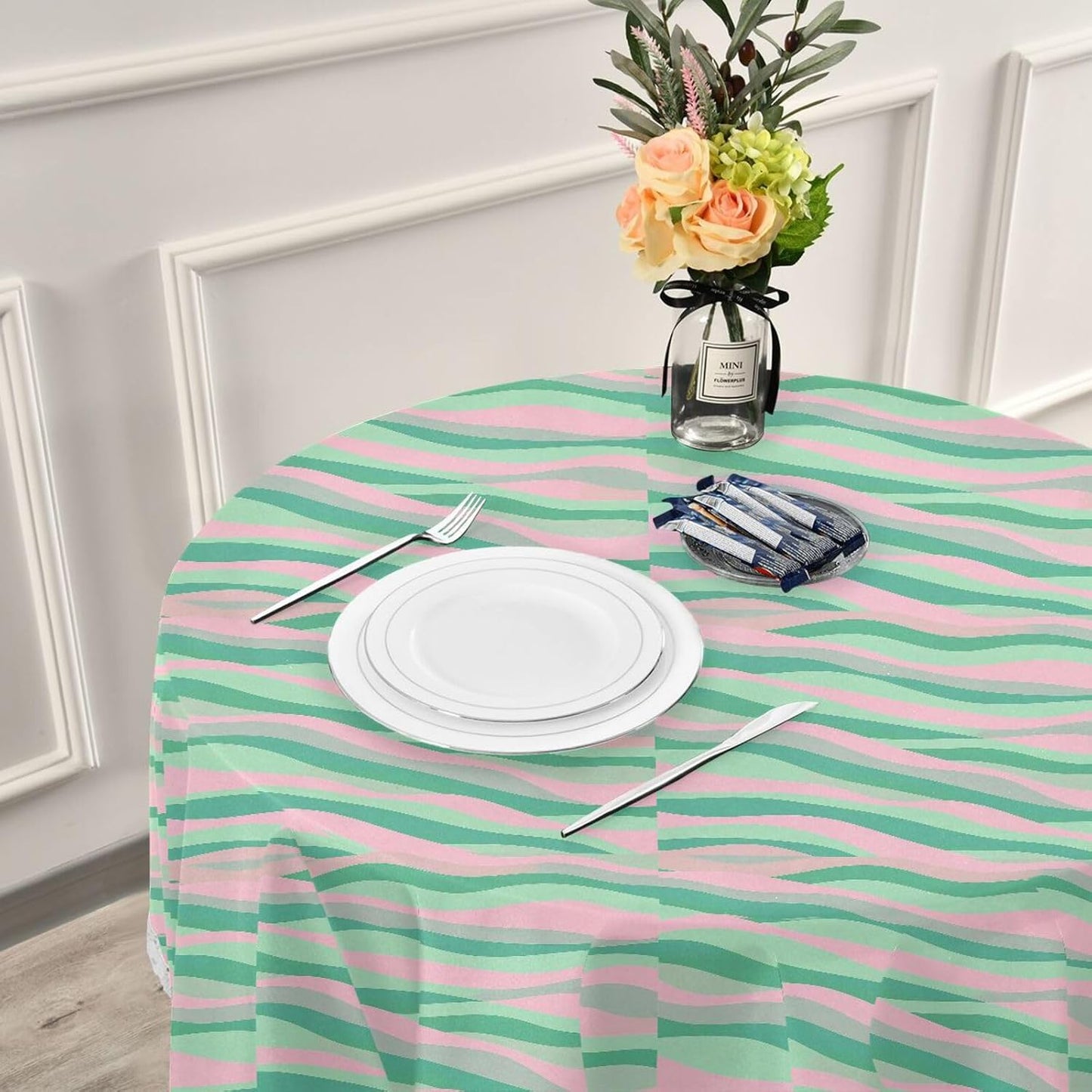 Wave Pattern Green Peach Round Tablecloth Fabric 60 Inch Long Washable Polyester Lace, Circle Tablecloth Table mat Protective for Picnic Restaurant Picnic