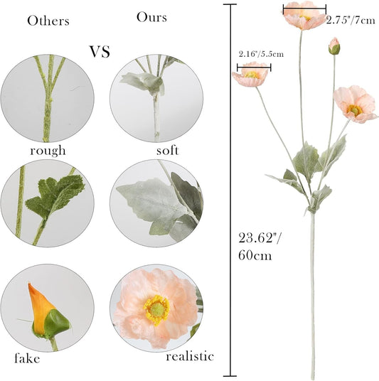 Artificial Poppy Flowers 8pcs Coral Pink Poppies Flowers Artificial Realistic Faux Flowers for Vase for Home Tables Decor Wedding Party Baby Shower Centerpieces Decor (Coral Pink)