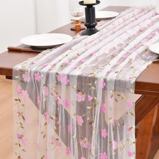 Joanlody Pink Floral Table Runner 10ft Embroidery Wildflowers Summer Seasonal Rustic Gauze Runner for Baby Shower Wedding Party Holiday Home Kitchen Dining Table Decor