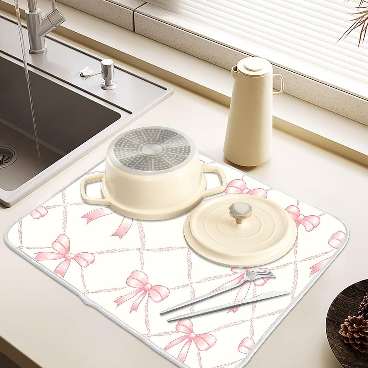 Pink Bow Rhombus Plaid Pattern Dish Drying Mat for Kitchen, Absorbent Microfiber Dishes Drainer Mats, 16x18 Inch
