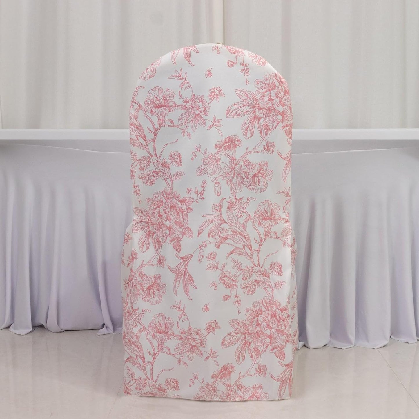Efavormart 10 Pack Polyester Banquet Chair Covers – White Pink French Toile Pattern, Reusable Stain-Resistant Slip-On Slipcovers