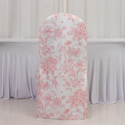 Efavormart 10 Pack Polyester Banquet Chair Covers – White Pink French Toile Pattern, Reusable Stain-Resistant Slip-On Slipcovers
