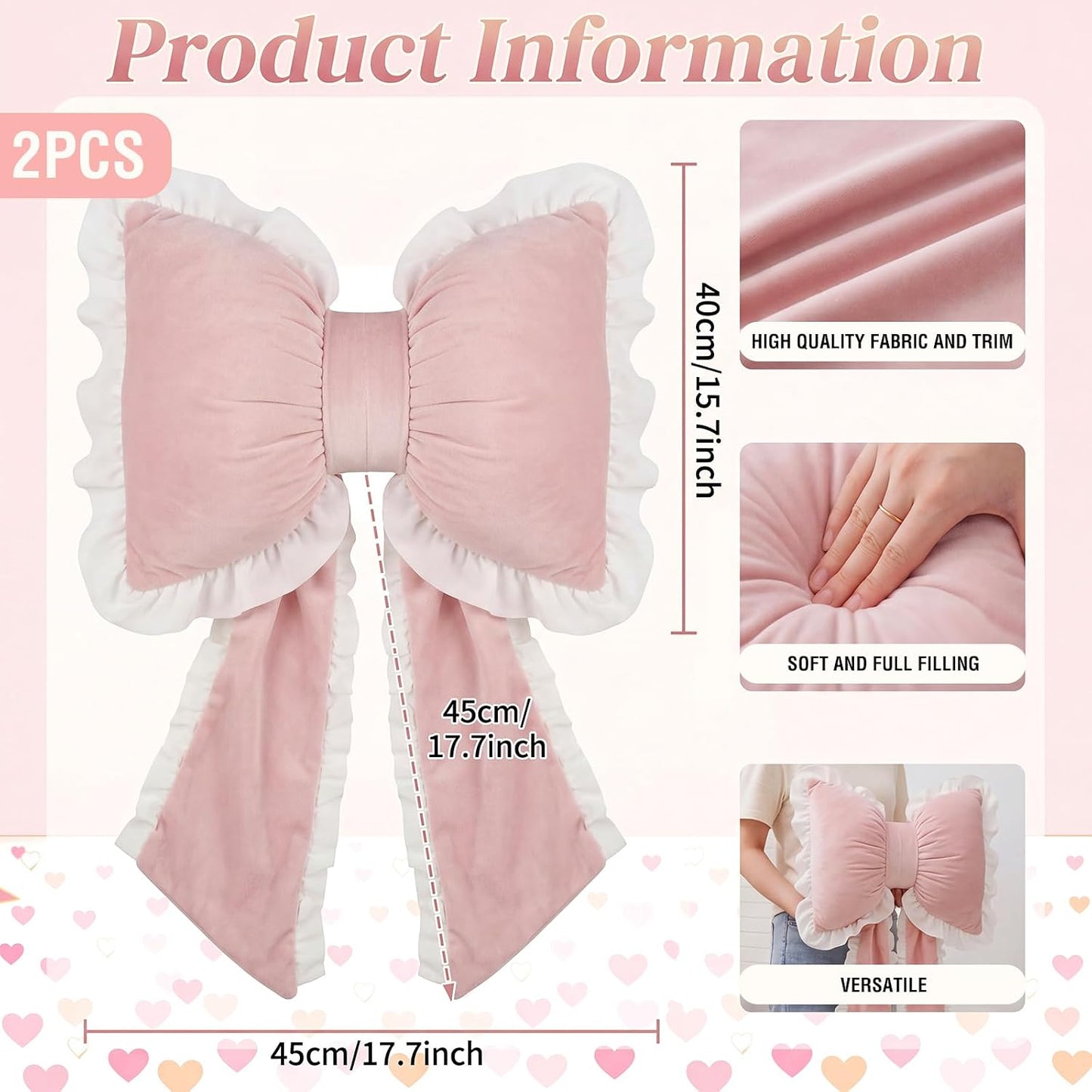 Yousoontic 2 Pcs Pink Bow Pillows with Ruffles 17.72 x 15.75'' Bowknot Shaped Throw Pillows Cute Coquette Decorative Pillow for Bed Couch Sofa Bow Lumbar Pillow with Long Tails