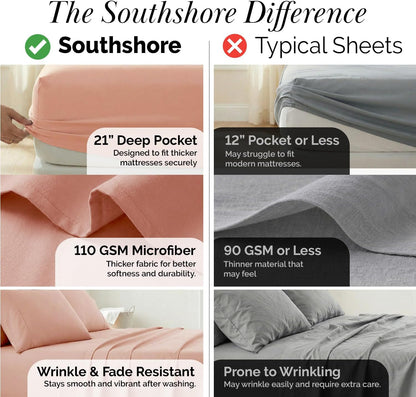 Southshore Fine Living, Inc. 6-Piece Bed Sheets Full Size Set, 21-Inch Full Size Bed Sheets, 1 Deep Pocket Fitted Sheet, 1 Flat Sheet, Queen Pillowcases, Blush Pink Pillow Cases, Blush Bedding