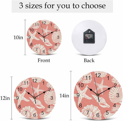 LooPoP Wall Clock Shell Starfish Clocks PVC Silent Non-Ticking Battery Operated Decorative Pink Coastal Coral Conch Round Clock for Home Living Room Kitchen Bedroom Office School Wall Decor 10 Inch