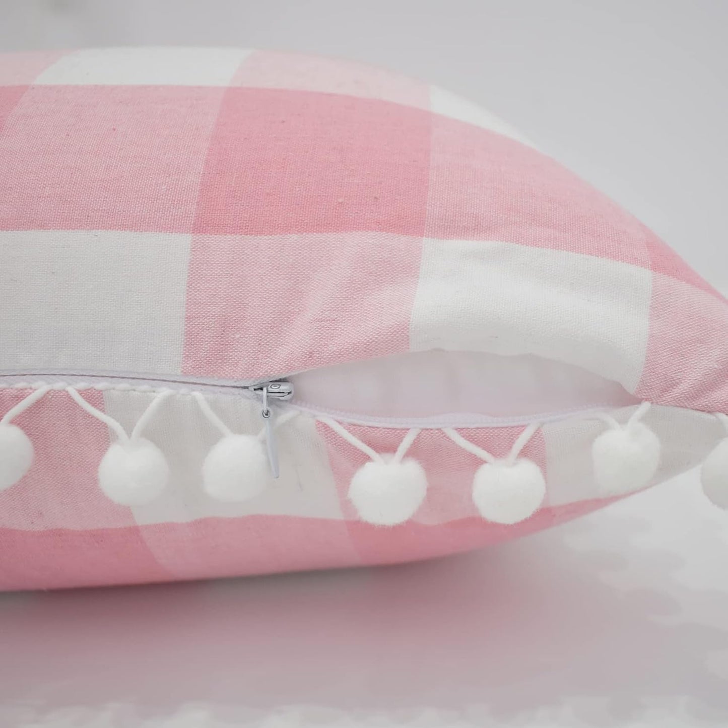 Buffalo Check Throw Pillow Covers with Pom Poms Cotton Retro Farmhouse Gingham Cushion Case for Sofa Couch Car Plaid Decorative Set of 2 Square Pillowcase 16" x 16" Pink White