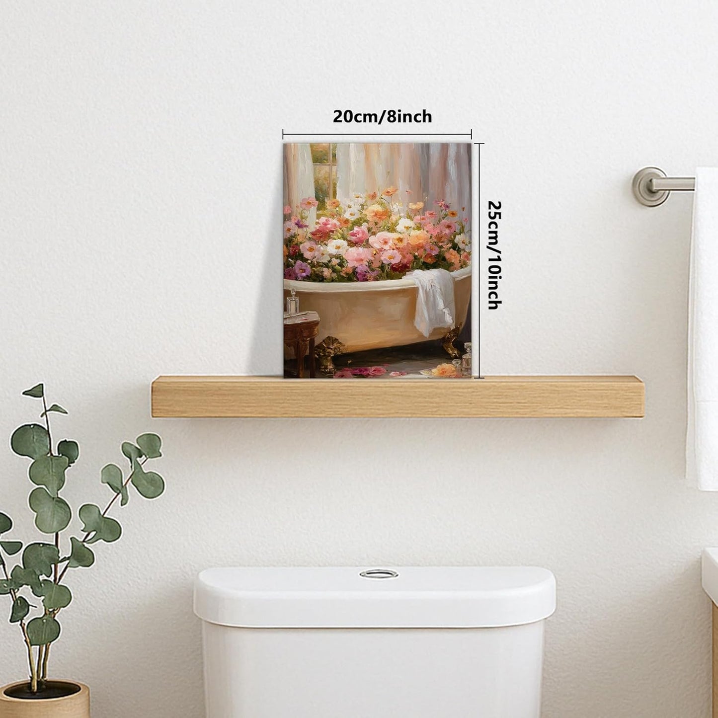 Floral Bath Canvas Wall Art, Peach White Spring Flowers Poster Prints, Elegant Abstract Bathroom Home Decor for Living Room, Bedroom, Spa, Wrapped Canvas 16x20 Inch