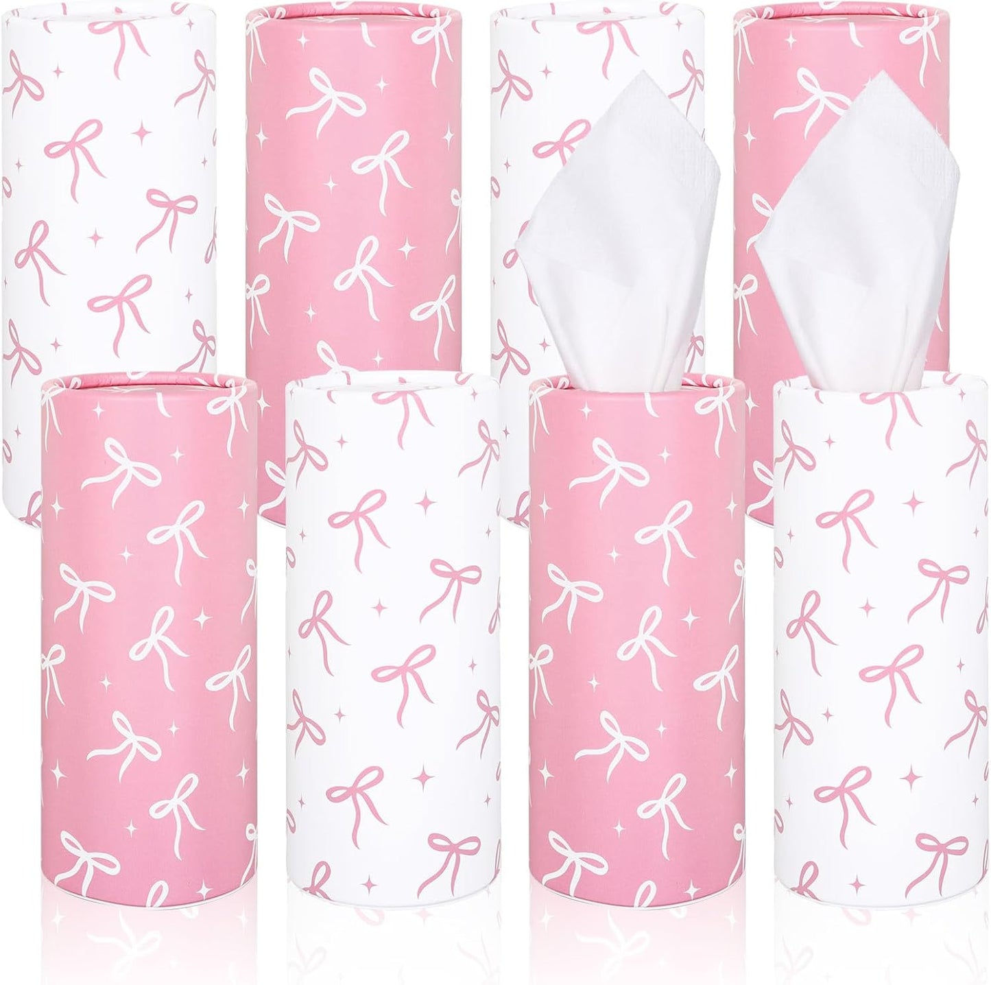 FYSUIMU 8Pcs Pink Bow Car Tissue Holder with Facial Tissue Aesthetic Pink White Bowknot Round Tissue Tubes for Travel Car Cup Holder Home