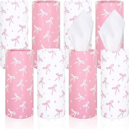 FYSUIMU 8Pcs Pink Bow Car Tissue Holder with Facial Tissue Aesthetic Pink White Bowknot Round Tissue Tubes for Travel Car Cup Holder Home