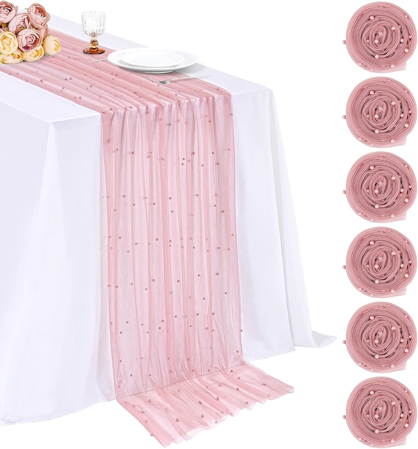Dusty Pink Pearl Table Runner: Tulle 10ft Pearl Tulle Fabric Centerpieces Wedding Lace Tablecover Arch for Bridal Shower Veil Baby Shower Sweetheart Birthday Table Decorations
