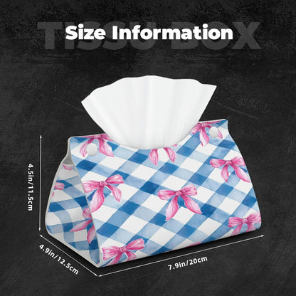 Pink Bows Blue Checkerboard Plaid Rectangle Tissue Box Cover PVC Faux Leather Tissue Boxes Holder Lightweight Tissue Box Cube for Bathroom Home Car Office