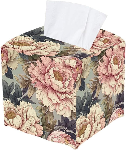 Pink Floral Tissue Box Cover Waterproof Leather Flower Tissue Box Holder Square Vintage Leaves Design Facial Paper Organizer for Desktop Bathroom Car Nightstand Vanity Desk Office Decor