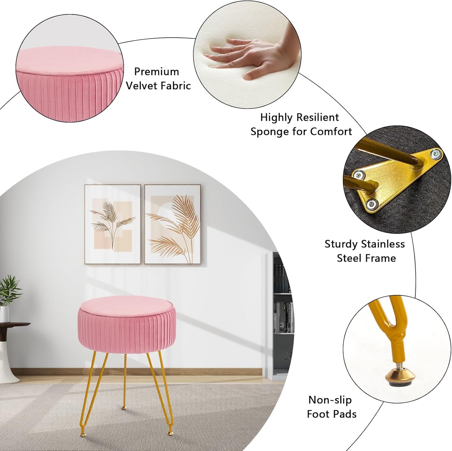Velvet Vanity Stool, Modern Ottoman Foot Rest Stool with Adjustable Golden Legs, Makeup Chair for Vanity, Multifunctional Small Vanity Chair for Bedroom, Pink