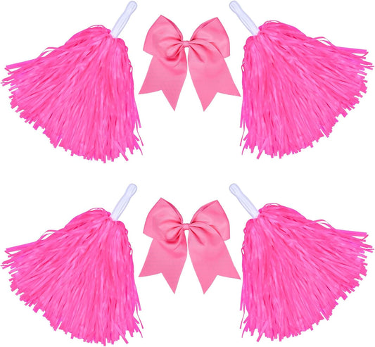 Cheerleading Pom Poms with Hair Bows 6 Piece Set, 4 Pieces Cheer Pom Poms and 2 Large 8 Inch Bows, Spirit Accessories for Girls Dance Party Costume Sports
