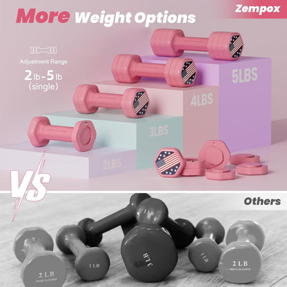 Zempox Adjustable Dumbbell Set of 2, 4 in 1 Hand Weights for Women at Home, 5 lb Weights Dumbbells set of 2, Each 2lb 3lb 4lb 5lb with TPU Soft Rubber Handle for Home Gym Exercise Training
