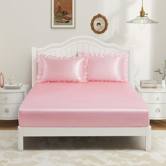P Pothuiny 3-Piece Set Ruffle Satin Pillowcases & Full Fitted Sheet, Luxury Blush Pink Satin Fitted Sheet Silky Soft Cute Bedding Bedroom Dorm Decor, Wrinkle Free, 15 Inch Deep Pocket