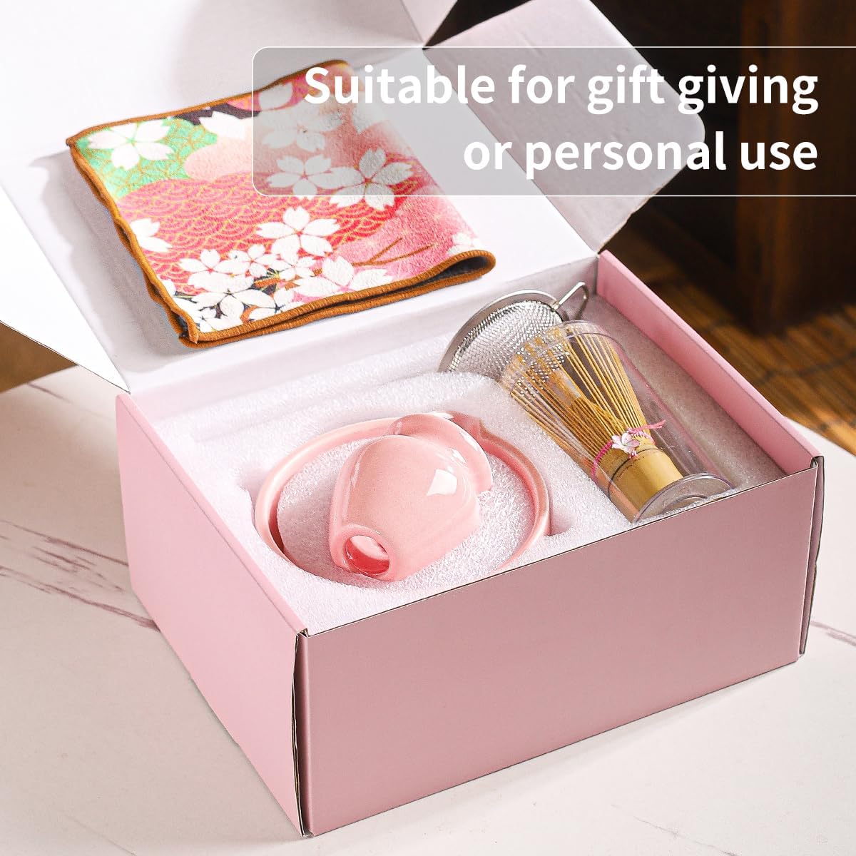 8-Piece Matcha Tea Set with Ceramic Bowls (Flower Pattern), Bamboo Whisk, Scoop, Spoon & Pink Sakura Gift Box – Traditional Japanese Matcha Whisking Kit for Tea Lovers (pink)