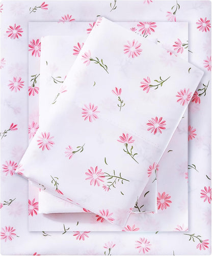 Mooreeke Cozy Vintage Microfiber Printed Floral Queen Sheet Set - Soft & Breathable Pink Daisy Bed Sheets with Extra Deep Pocket - Non-Slip Fitted Design - Daisy Pattern - Queen