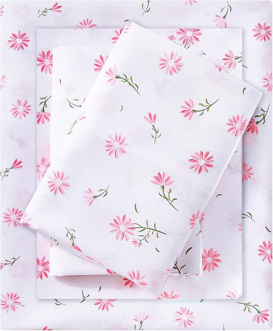 Mooreeke Cozy Vintage Microfiber Printed Floral Queen Sheet Set - Soft & Breathable Pink Daisy Bed Sheets with Extra Deep Pocket - Non-Slip Fitted Design - Daisy Pattern - Queen
