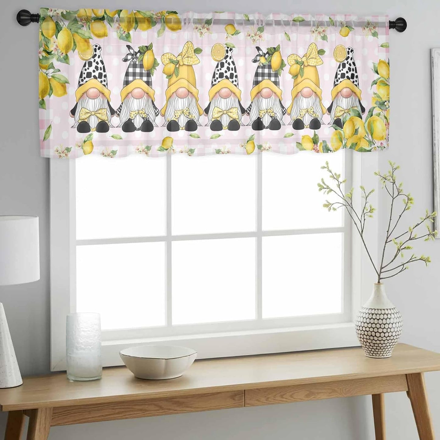 Lemon Gnomes Sheer Curtains Valances for Windows Summer Fruits Botanical Pink Plaid Chiffon Kitchen Valances for Cafe, Rod Pocket Voile Window Treatments Curtains for Living Room Bedroom, 54"x18"