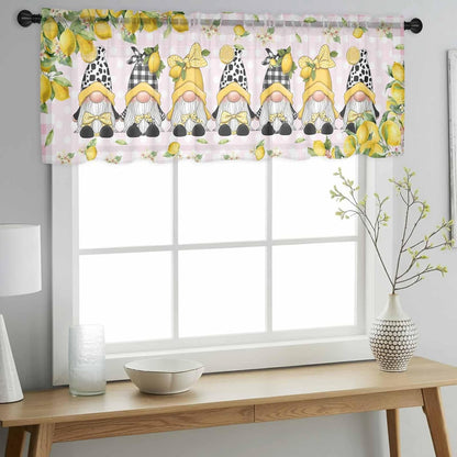 Lemon Gnomes Sheer Curtains Valances for Windows Summer Fruits Botanical Pink Plaid Chiffon Kitchen Valances for Cafe, Rod Pocket Voile Window Treatments Curtains for Living Room Bedroom, 54"x18"
