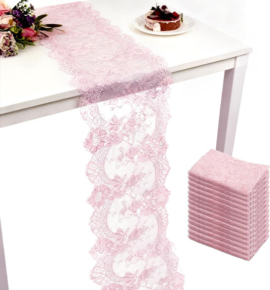 14 Pcs Rose Pink Lace Table Runner 14 x 120 Inch Wedding Romantic Floral Table Cloths Embroidered Runner Decorations for Bridal Shower Birthday Party