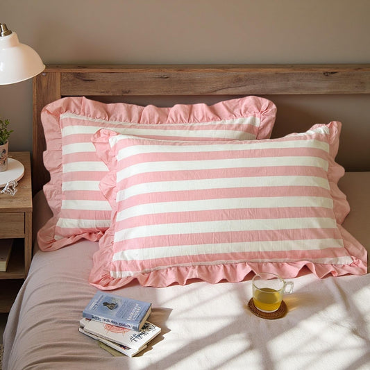 Cotton Ruffle Bold Striped Pink Pillowcases Set of 2 Soft Standard Size Sham Covers for Farmhouse Minimalist Bedding