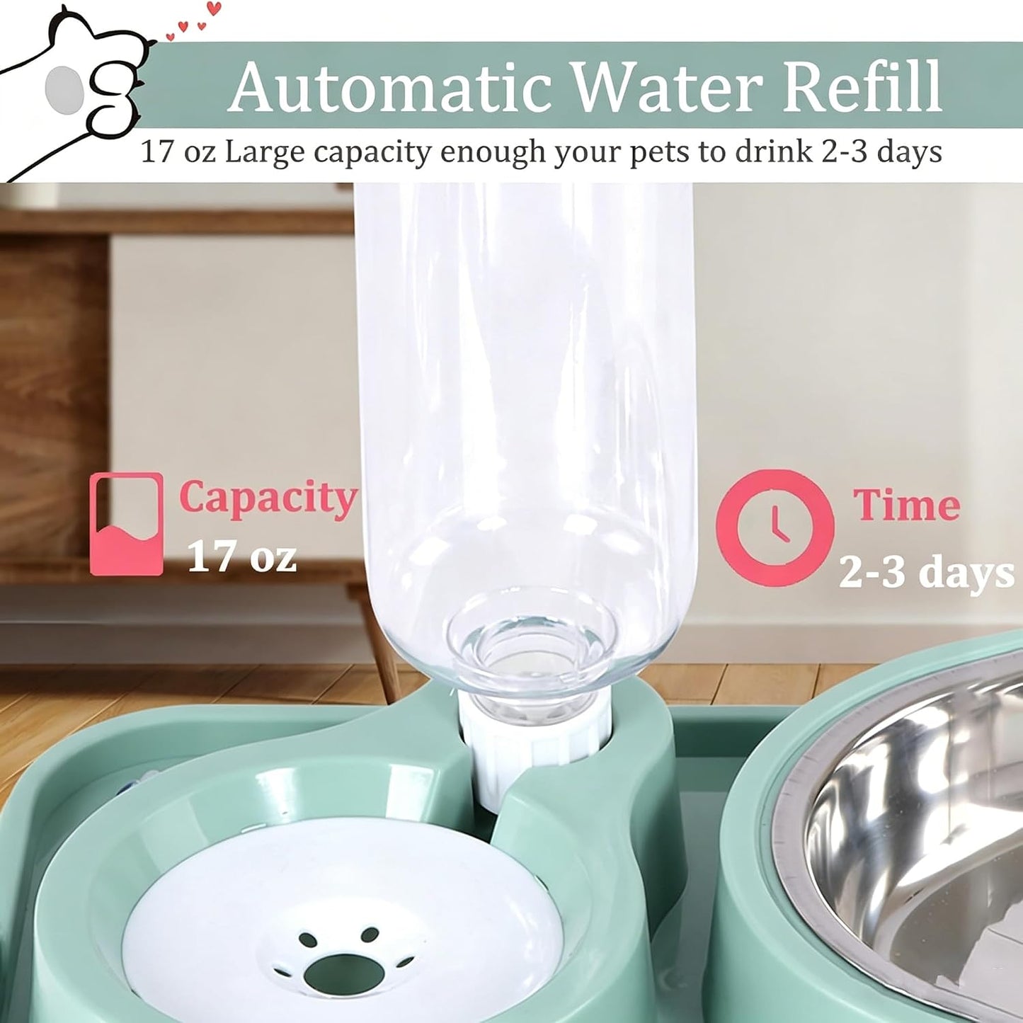 J&L VVMEET Non-Slip Dog Cat Food and Water Bowls Set with Water Dispenser | Dog Bowls Detachable Stainless Steel Bowl Gravity Pet Feeder and Waterer Set Automatic Water Refill for Cat Dog Puppy Rabbit