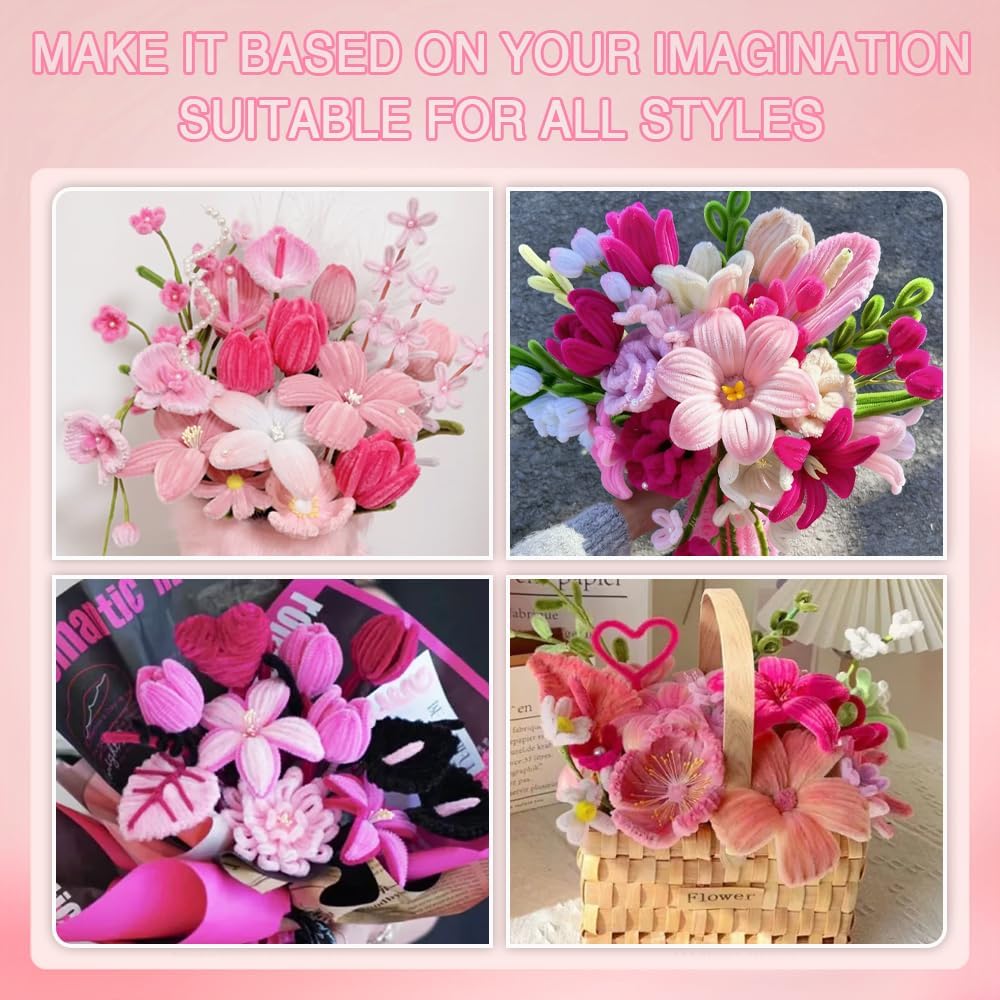 985pcs Multi-Pink Gradient Pipe Cleaner Flower Making Kit–8 Pink Tones Chenille Stems with Flower Stems, Stamens etc, Complete DIY Flower Making Set for Art Projects, Party Decorations & Gift Wrapping