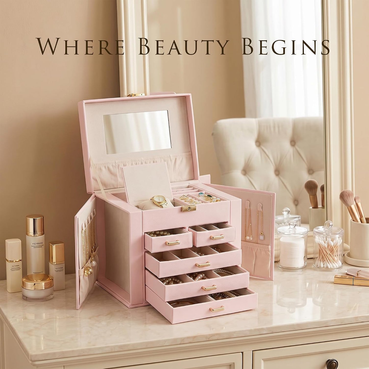 Jewelry Box with Travel Case, PU Leather 5-Layer Jewelry Organizer with Mirror & Lock, Velvet Lining Jewelry Storage for Women, Dresser Top Portable Jewelry Case, Gift for Women (Pink)