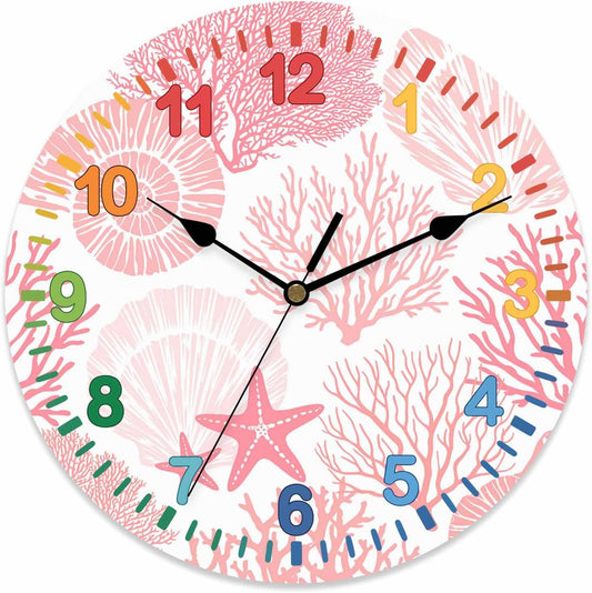 Wall Clock Pink Starfish Shell Clocks PVC Silent Non-Ticking Battery Operated Colorful Teaching Coastal Ocean Coral Round Clock for Kids Room Living Room Bedroom Office School Wall Decor 12 Inch