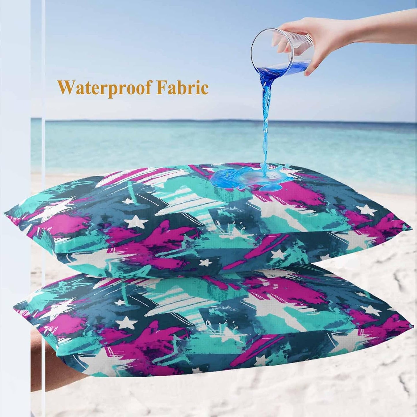 Yukro Abstract White Star Outdoor Waterproof Pillow Covers Pack of 2, Pink Green Ink Splatter Graffiti Modern Throw Pillowcases Decorative Cushion Covers for Garden Patio Tent Sofa Couch, 20x12 inch
