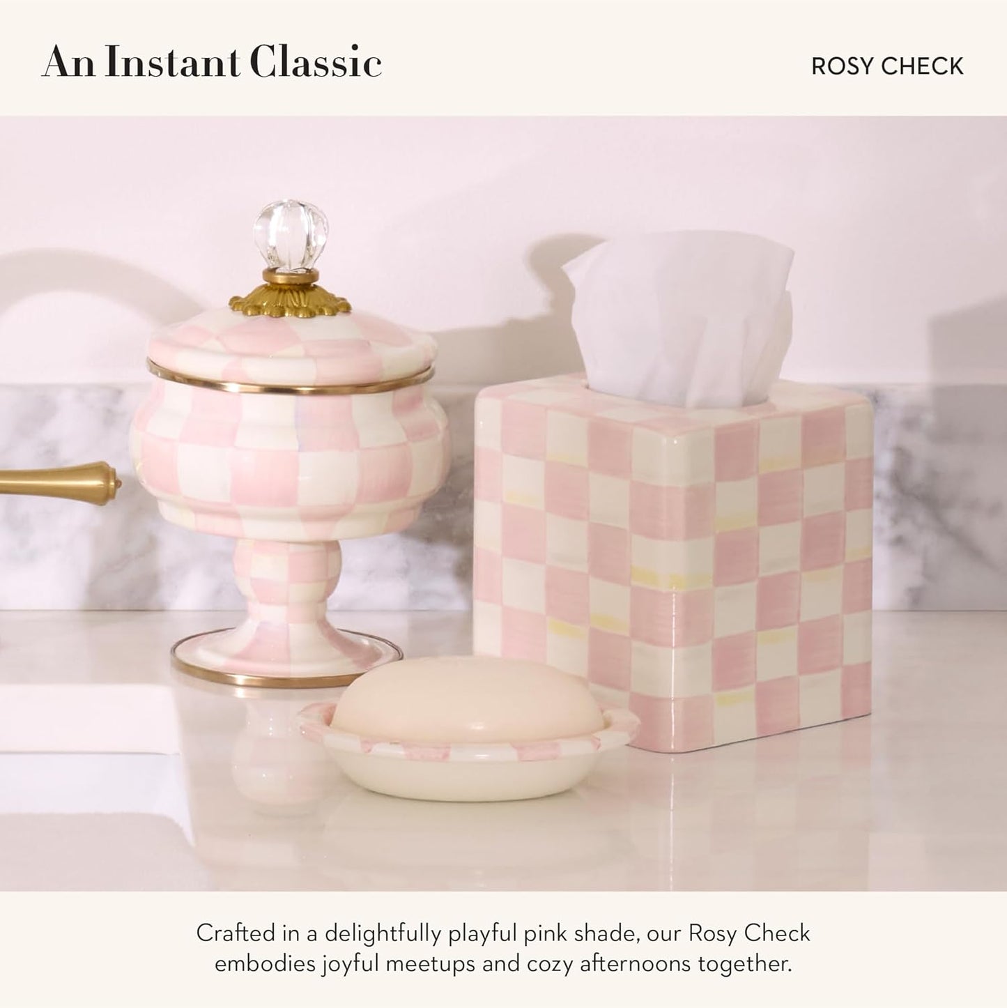 MACKENZIE-CHILDS Boutique Square Tissue-Box Cover, Tissue Holder for Home Decor, Pink-and-White Rosy Check