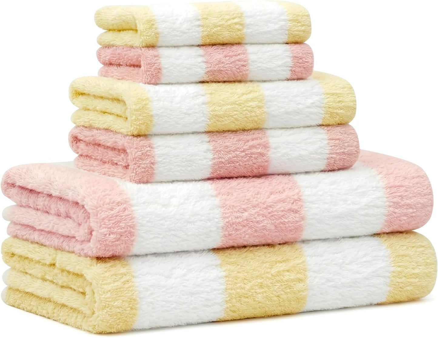Vie Triomphe Soft Luxury 6 Piece Towel Sets, 2 Bath Towels 2 Hand Towel 2 Washcloths,100% Cotton Towels for Bathroom, Pink Striped and Yellow Striped, 6-Piece Towel Set;