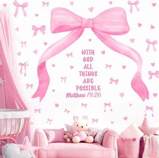 Large Watercolor Girls Room Wall Decals Pink Bow Wall Stickers Peel and Stick Pastel Pink Bow Decor for Baby Room Coquette Sticker Inspirational Quotes Vinyl Decal Art Mural for Nursery Kids Playroom