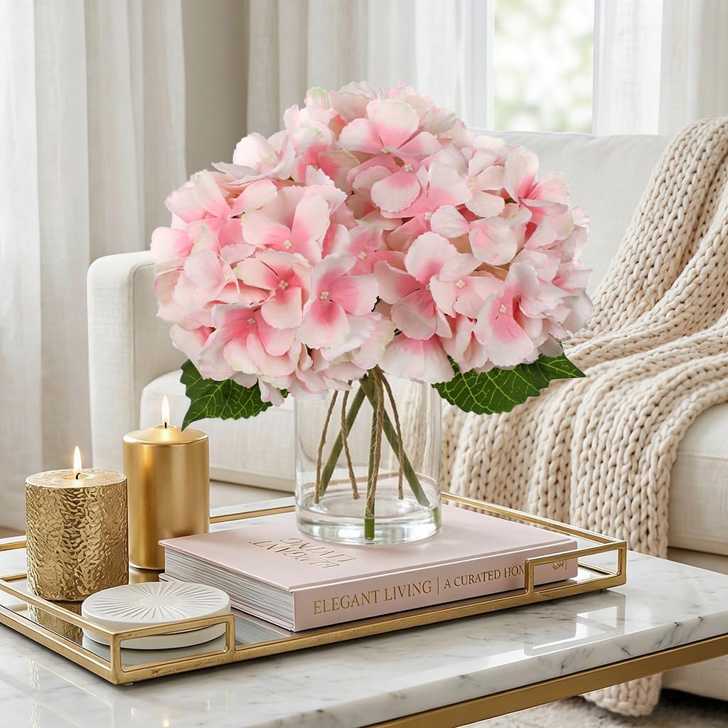 DILATATA Hydrangea Artificial Flowers with Glass Vase, Pink Real Touch Silk Hydrangea Arrangement with Faux Water, Small Faux Floral Centerpiece for Home Decor, Wedding, Bathroom, Shelf, Coffee Table