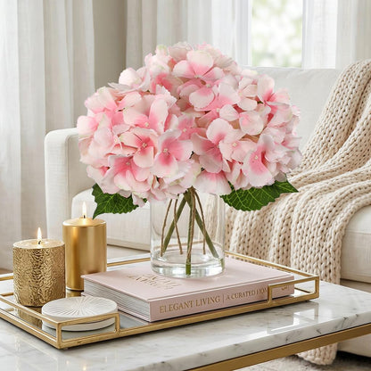 DILATATA Hydrangea Artificial Flowers with Glass Vase, Pink Real Touch Silk Hydrangea Arrangement with Faux Water, Small Faux Floral Centerpiece for Home Decor, Wedding, Bathroom, Shelf, Coffee Table