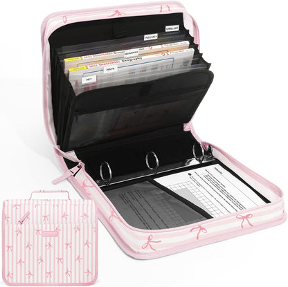 SUNEE Zipper Binder with Handle, 1.5 Inch O-Ring, 325 Pages Capacity, with 5-Tab Expanding File Folder for Classified Storage, Small Size Lightweight Zipper Bag for Middle School Students, Pink Bow