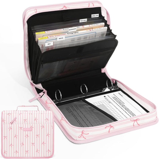 SUNEE Zipper Binder with Handle, 1.5 Inch O-Ring, 325 Pages Capacity, with 5-Tab Expanding File Folder for Classified Storage, Small Size Lightweight Zipper Bag for Middle School Students, Pink Bow