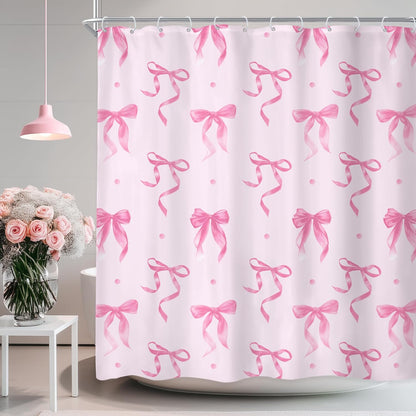 Newsely Pink Bow Shower Curtain 72Wx72L Inch Bownot Adorable Elegant Wave Point Modern Retro Minimalist Lovely Cute Girls Female Bathroom Set Fashion Waterproof Bath Decoration Accessories Home Decor